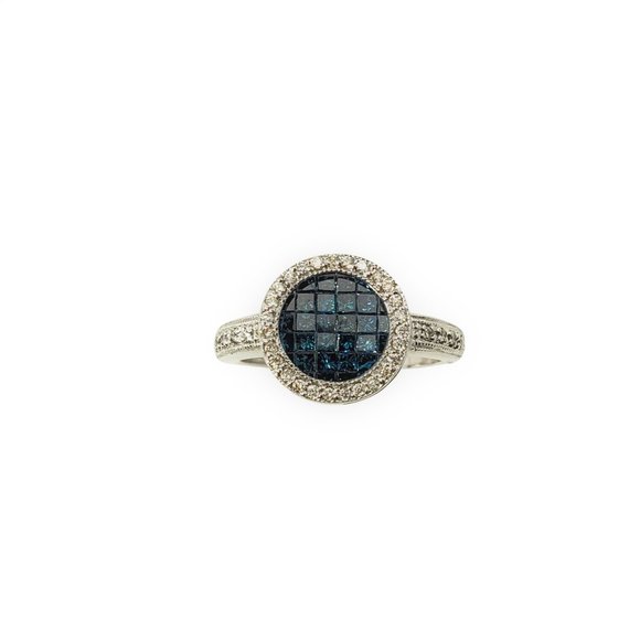 Vintage 14 Karat White Gold Blue (Color Treated) and White Diamond Ring #11641